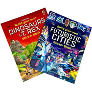 Usborne Build Your Own Sticker Books Collection - 2 Book Set: Dinosaurs and T. Rex + Futuristic Cities | Interactive Build-Your-Own Sticker Activity Books for Kids - The Book Bundle