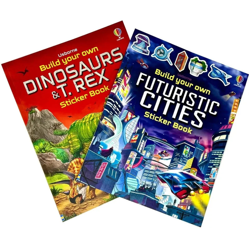 Usborne Build Your Own Sticker Books Collection - 2 Book Set: Dinosaurs and T. Rex + Futuristic Cities | Interactive Build-Your-Own Sticker Activity Books for Kids - The Book Bundle