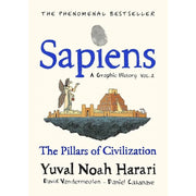 Three-book collection of "Sapiens: A Graphic History" by Yuval Noah Harari, featuring vivid illustrations and non-fiction themes.
