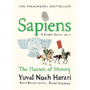 Three-book collection of Sapiens: A Graphic History by Yuval Noah Harari and David Vandermeulen, featuring vintage-style covers.