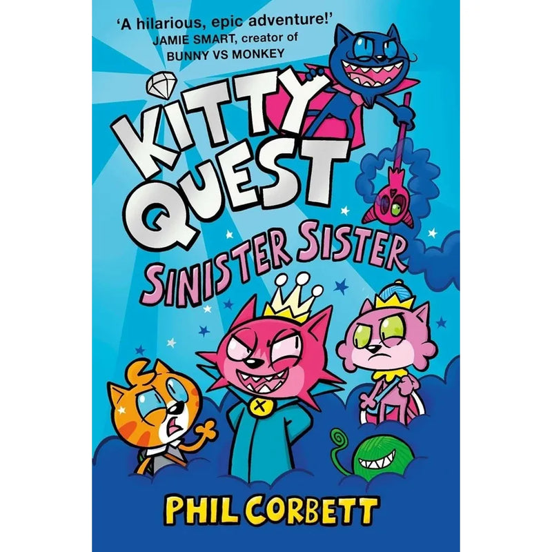 Four-book Kitty Quest series by Phil Corbett, children’s fiction collection, featuring colorful book covers and playful illustrations.