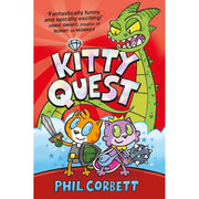 Kitty Quest Series by Phil Corbett, four-book collection of children's fiction, featuring colorful cat characters and adventure scenes.