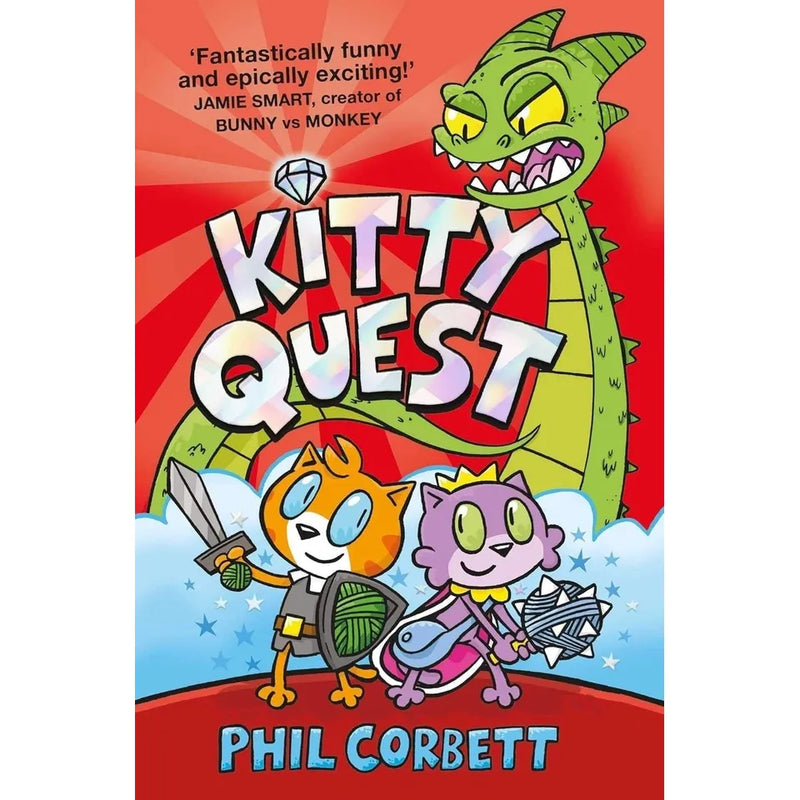 Kitty Quest Series by Phil Corbett, four-book collection of children's fiction, featuring colorful cat characters and adventure scenes.