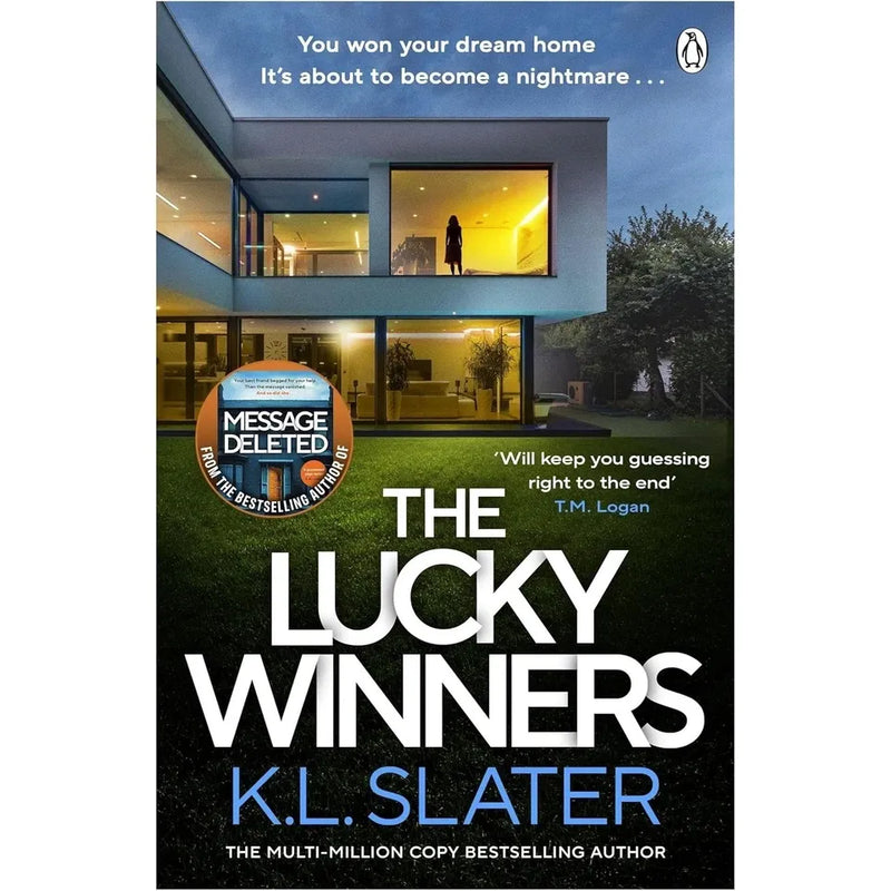 Two paperback books from the K. L. Slater collection, "Message Deleted" and "The Lucky Winners," featuring covers with bold titles.