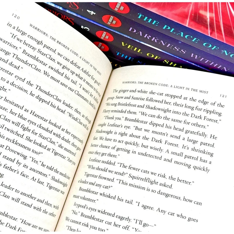 Set of six Warriors Cats The Broken Code Series books by Erin Hunter, featuring colorful covers and series branding.
