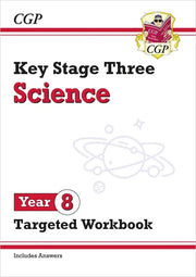 CGP Books KS3 Year 8 Maths, English and Science workbooks, ages 12–13, paperback covers