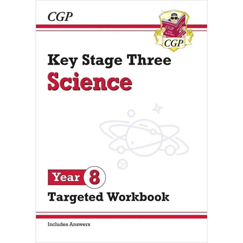 CGP Books KS3 Year 8 Maths, English and Science workbooks, ages 12–13, paperback covers