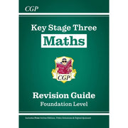 Set of four CGP KS3 revision guides including English, Spelling, Punctuation & Grammar, Maths, and Science textbooks.