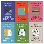 Set of Kazuo Ishiguro books including Never Let Me Go, The Unconsoled, and The Buried Giant, arranged on a bookshelf.