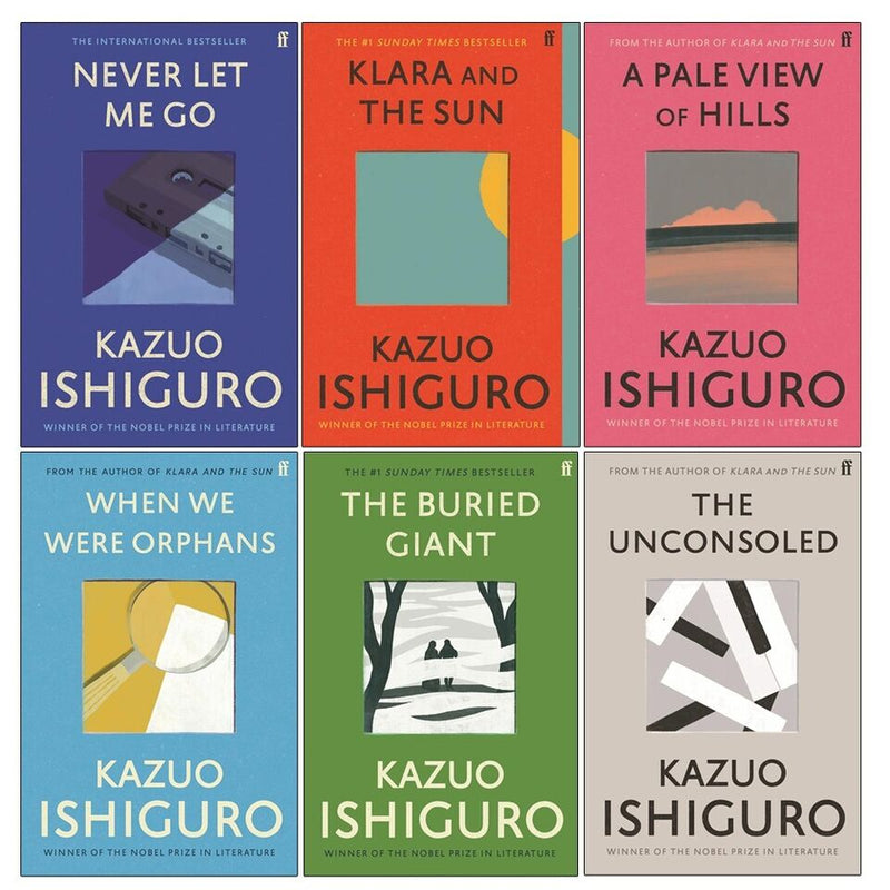 Set of Kazuo Ishiguro books including Never Let Me Go, The Unconsoled, and The Buried Giant, arranged on a bookshelf.