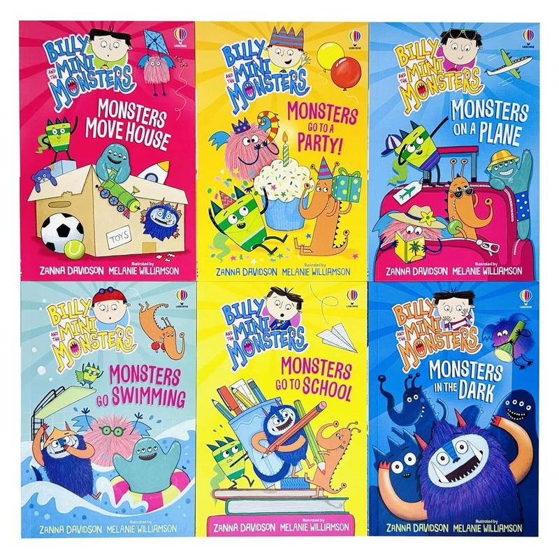 Set of six Billy and the Mini Monsters Series books by Zanna Davidson, colorful covers featuring playful monster characters.