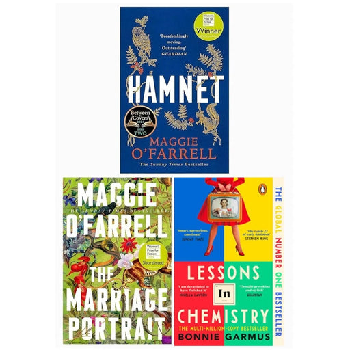 Three-book collection set of Maggie O'Farrell and Bonnie Garmus novels including The Marriage Portrait, Hamnet, and Lessons in Chemistry.