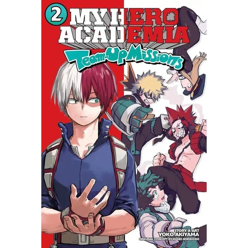 My Hero Academia Team-Up Missions Volume 1-5 collection books set by Yoko Akiyam, featuring colorful manga covers and characters.