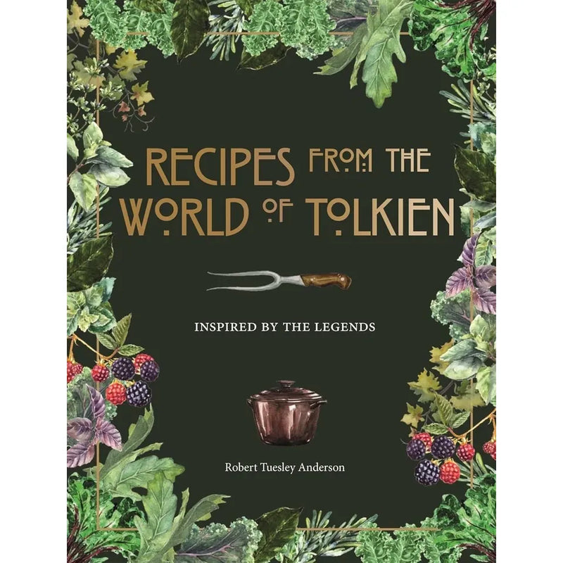 Pyramid-shaped cookbook cover titled "Recipes from the World of Tolkien" by Robert Tuesley Anderson featuring fantasy-inspired food illustrations.
