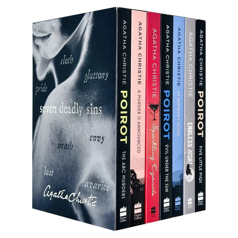 Seven paperback Agatha Christie mystery books from the ABC Murders and A Murder Is Announced collection by HarperCollins.