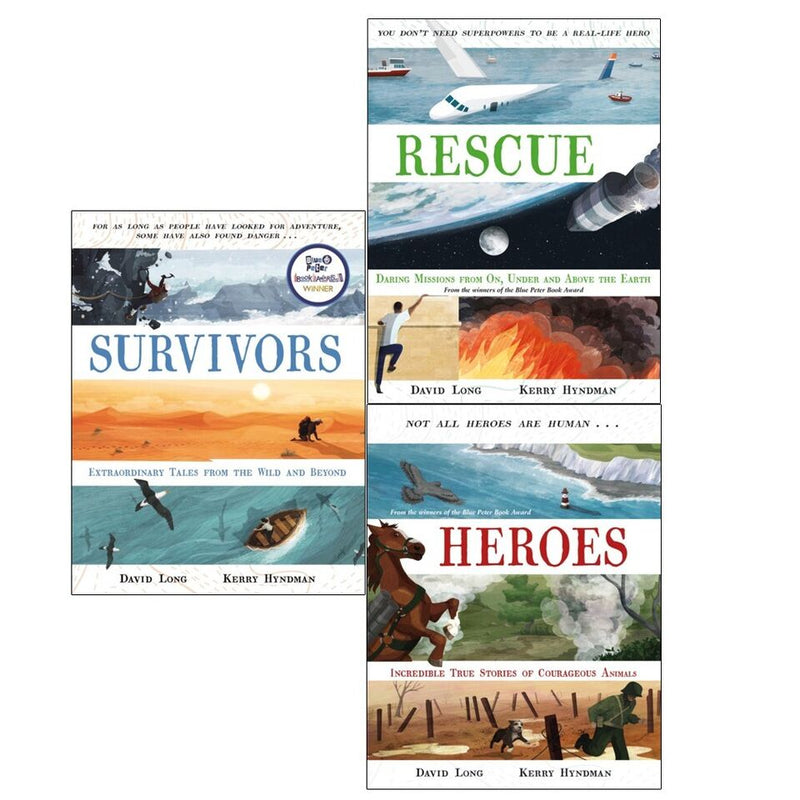 David Long 3 Books Collection Set featuring Survivors, Heroes, and Rescue by Faber & Faber Ltd, with colorful cover art.