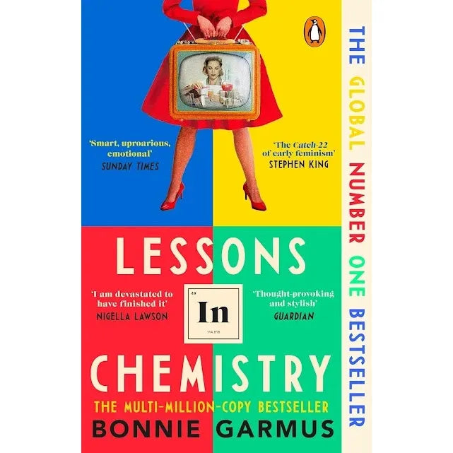 Two paperback fiction books from Hogarth, "Lessons in Chemistry" by Bonnie Garmus and "A Place for Us" by Fatima Farheen Mirza, displayed together.