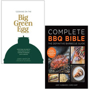 Illustration of the "Cooking on the Big Green Egg" BBQ Bible book set by James Whetlor and Andy Husbands, featuring colorful cover art.