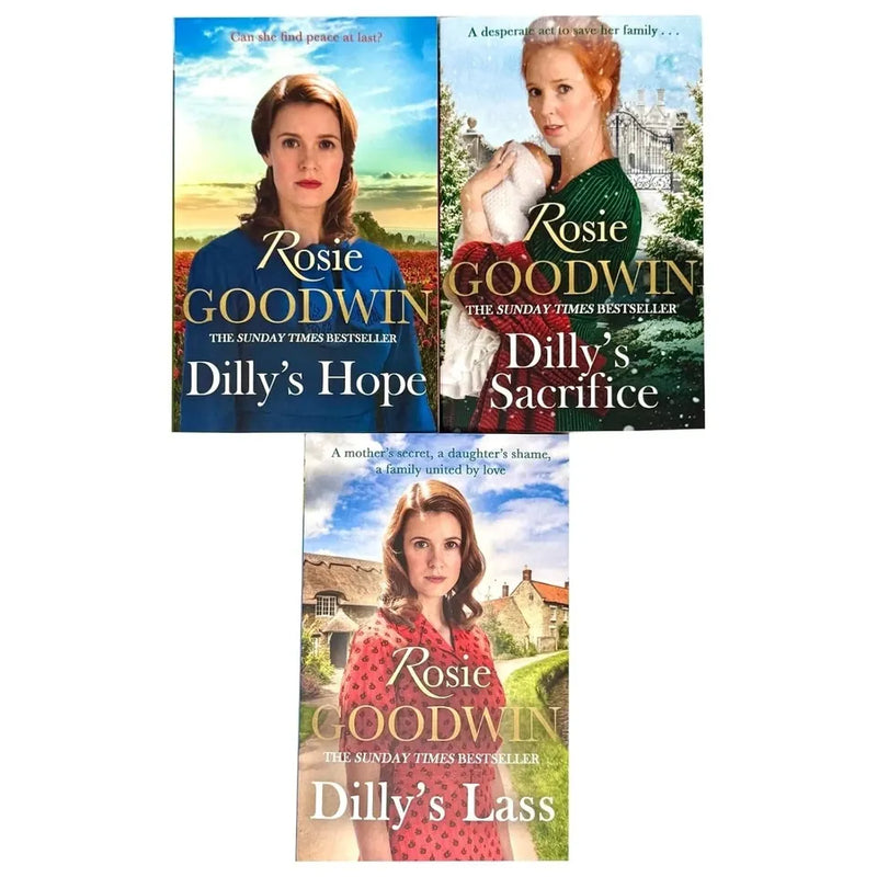 Three paperback books from Rosie Goodwin's Dilly's Story Series collection set, featuring colorful covers and fiction titles.