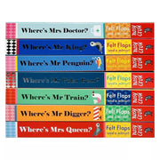 Felt Flaps Series 7 Books Collection set by Ingela P Arrhenius featuring Where's Mrs Queen?, Train, Digger, Bear, Penguin, King, and Doctor.