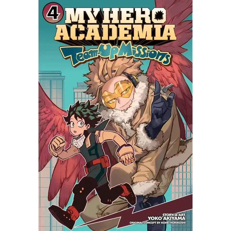 My Hero Academia Team-Up Missions Volume 1-5 collection books set by Yoko Akiyam, featuring colorful manga covers and characters.