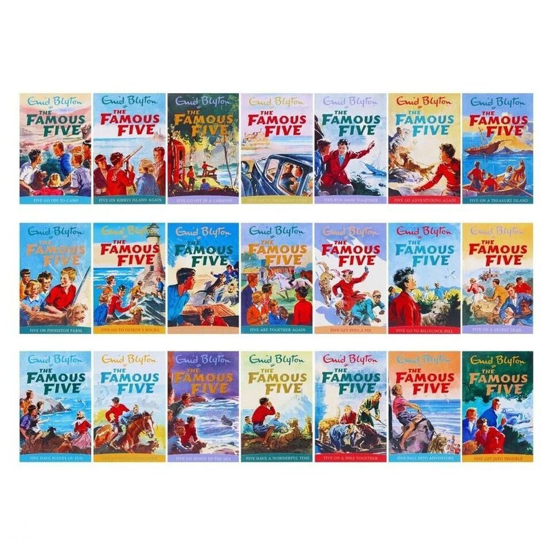 Set of 21 Enid Blyton Famous Five books including Treasure Island and Kirrin Island Again, hardcover collection for ages 7-9.