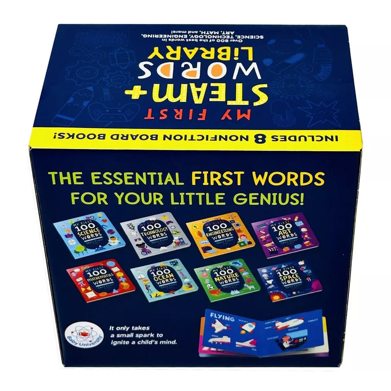 My First STEAM + Words Library boxed set by Chris Ferrie, a colorful collection of 8 educational children's books from Sourcebooks.