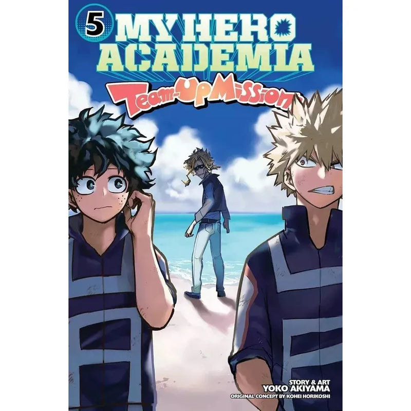 My Hero Academia Team-Up Missions Volume 1-5 book collection set by Yoko Akiyam, featuring colorful manga covers and character art.