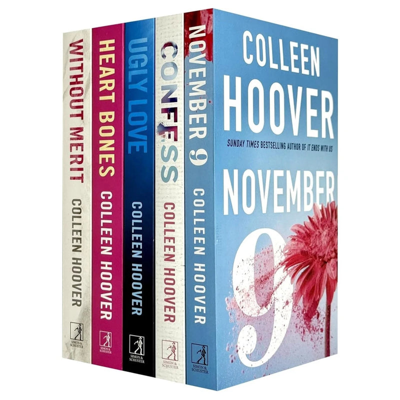 Set of five Colleen Hoover books including Ugly Love, November 9, Confess, Without Merit, and Heart Bones, published by Simon & Schuster.