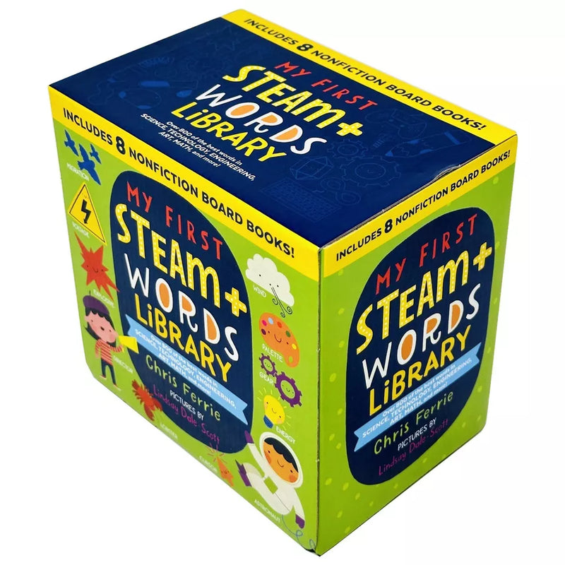 My First STEAM + Words Library boxed set by Chris Ferrie featuring 8 colorful educational books for young learners.