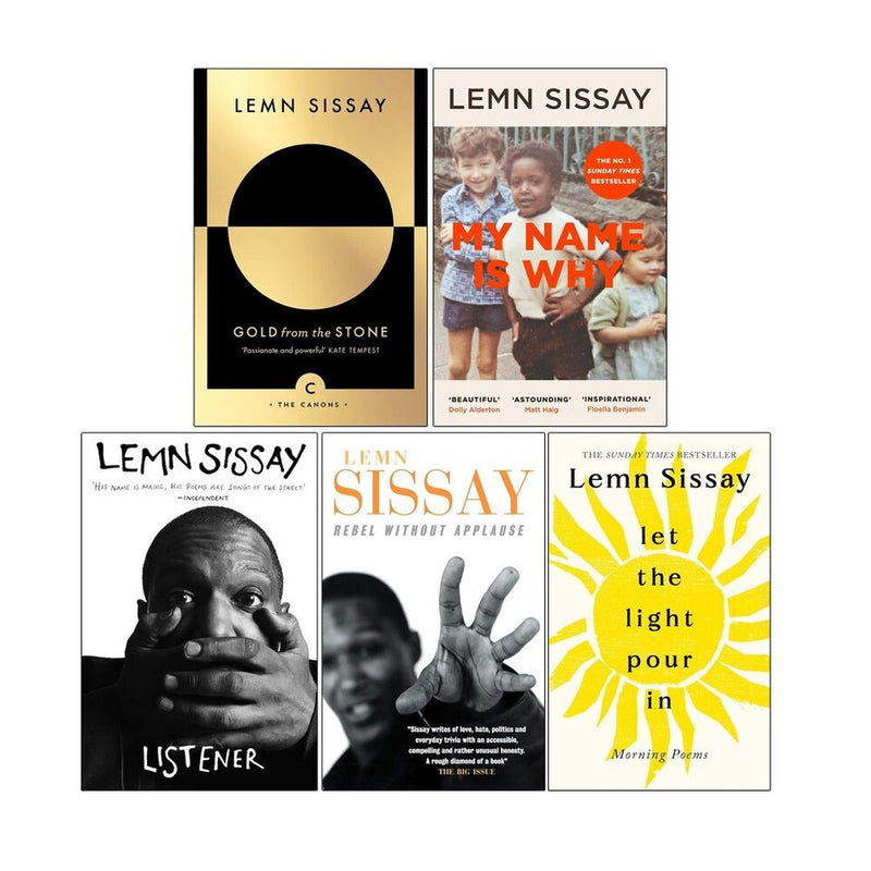 Lemn Sissay collection of five hardcover books including "Let the Light Pour In," "My Name Is Why," and "Gold from the Stone" by Canongate Books.