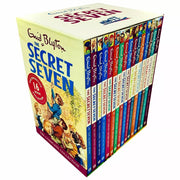Complete set of 16 Enid Blyton Secret Seven books in a box, featuring colorful book covers from the Hodder Children's Books collection.