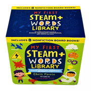 My First STEAM + Words Library boxed set by Chris Ferrie, 8 colorful educational books for young learners in a display box.