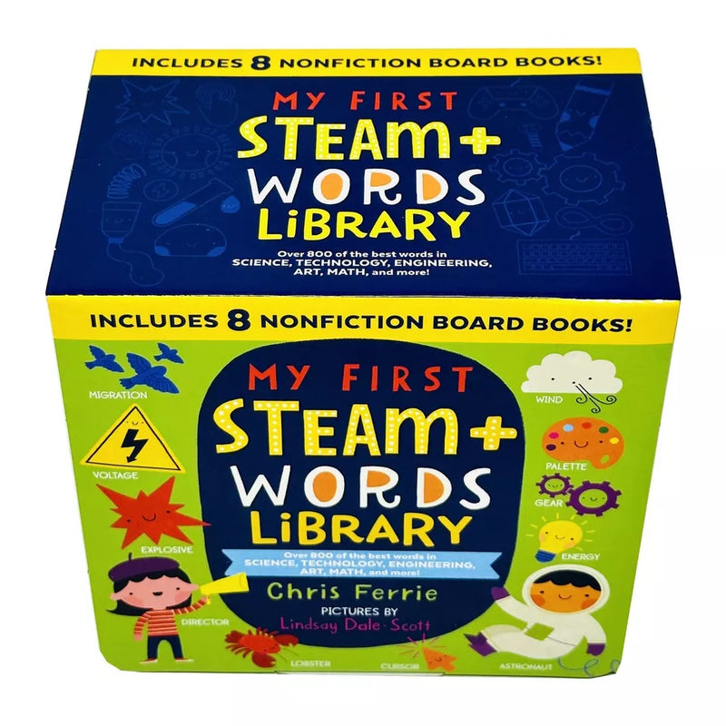 My First STEAM + Words Library boxed set by Chris Ferrie, 8 colorful educational books for young learners in a display box.