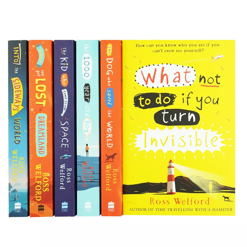 Six paperback books from Ross Welford's "The Dog Who Saved the World" collection by HarperCollinsChildren'sBooks, featuring colorful covers.