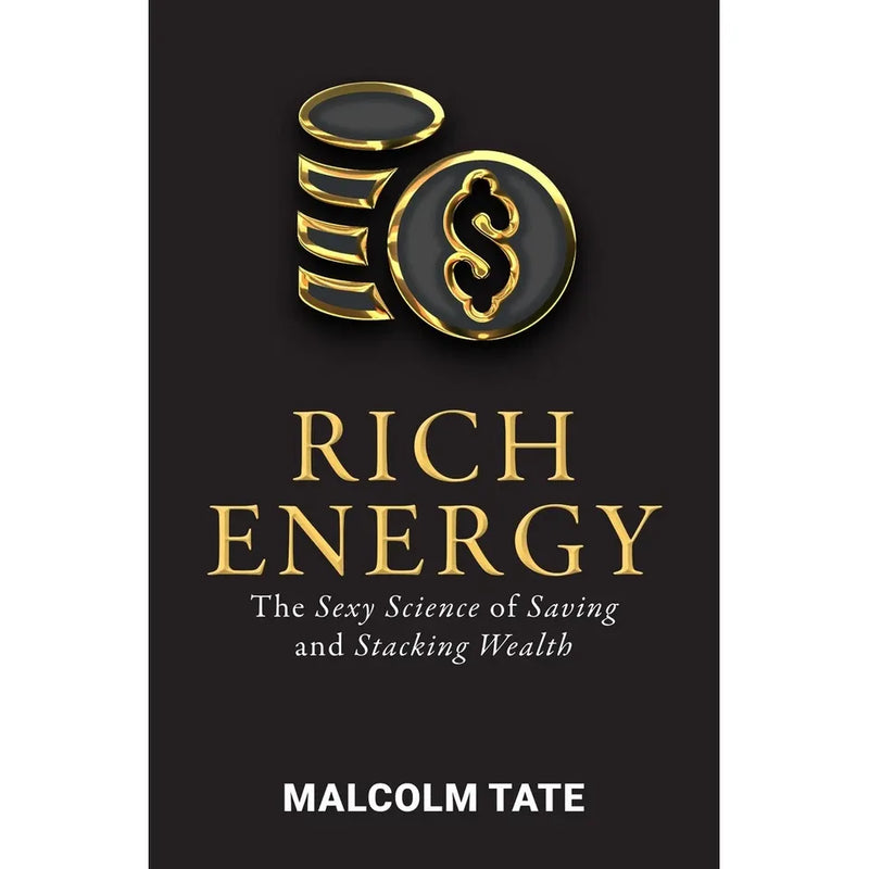 Cover of "RICH ENERGY: The Sexy Science of Saving & Stacking Wealth" book by Malcolm Tate, published by Rupa Publications.