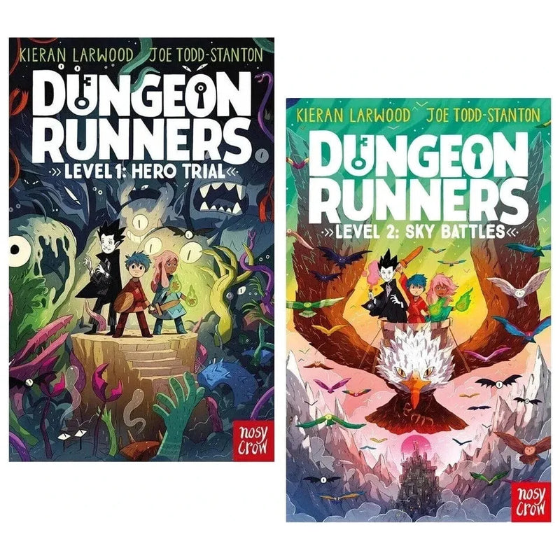 Two illustrated Dungeon Runners books from the Kieran Larwood series by Nosy Crow UK Ltd, featuring colorful fantasy cover art.