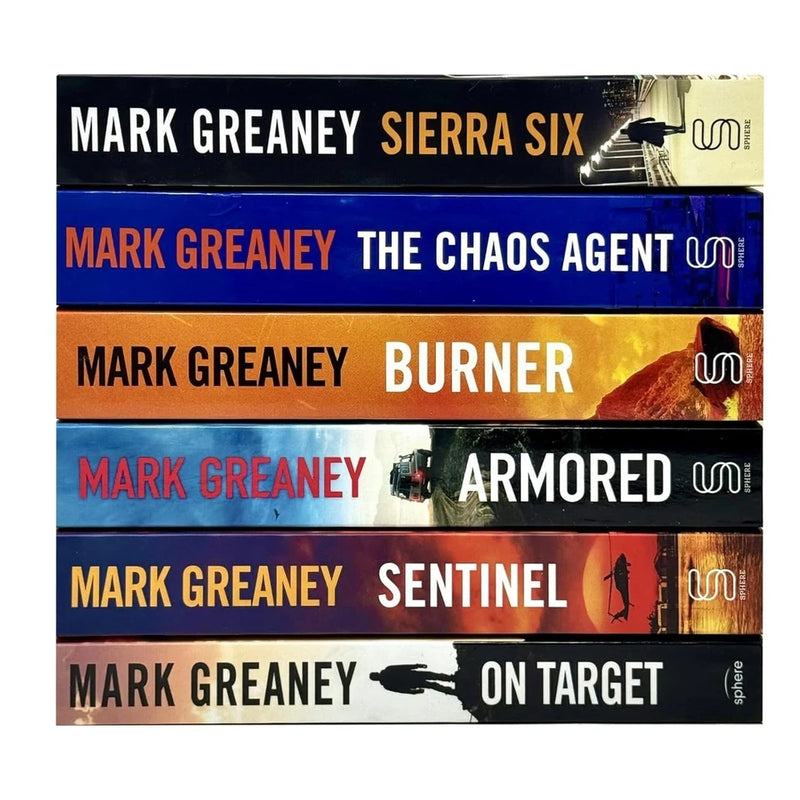 Six paperback books from the Gray Man series by Mark Greaney, featuring fiction novels in a collection set.