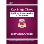 CGP KS3 Revision Guides set including English, Spelling, Punctuation & Grammar, Maths, and Science books by CGP Books.
