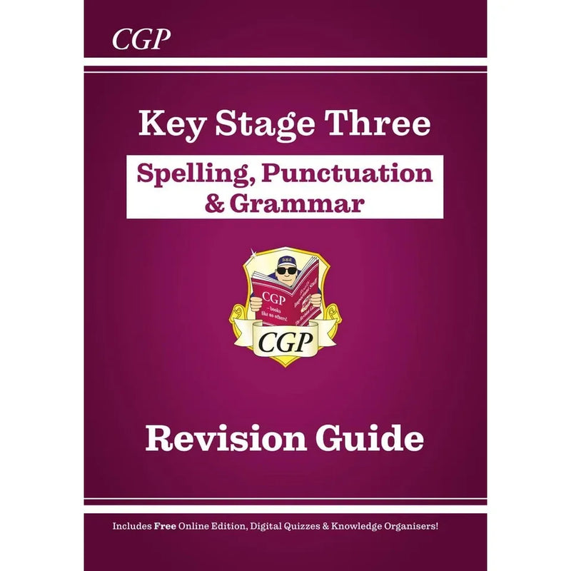 CGP KS3 Revision Guides set including English, Spelling, Punctuation & Grammar, Maths, and Science books by CGP Books.