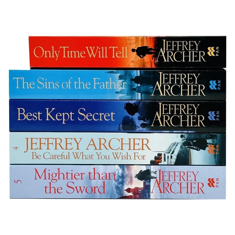 Set of five Jeffrey Archer Clifton Chronicles paperback books, fiction collection with panoramic covers, by Jeffrey Archer.