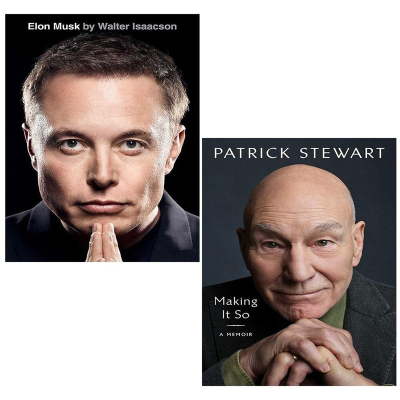 Set of two books featuring Elon Musk by Walter Isaacson and Patrick Stewart's Making It So, with book covers displayed.