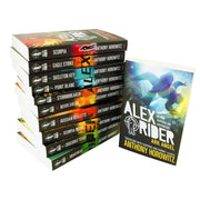 Set of 11 Alex Rider books by Anthony Horowitz including Skeleton Key and Eagle Strike, featuring spy adventure covers for ages 9-14