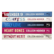 Collection of five Colleen Hoover books including Ugly Love, November 9, and Confess, with colorful book covers and titles.