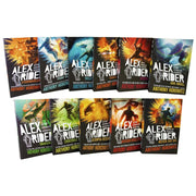 Set of Alex Rider complete missions books by Anthony Horowitz, featuring titles Skeleton Key and Eagle Strike, for ages 9-14.