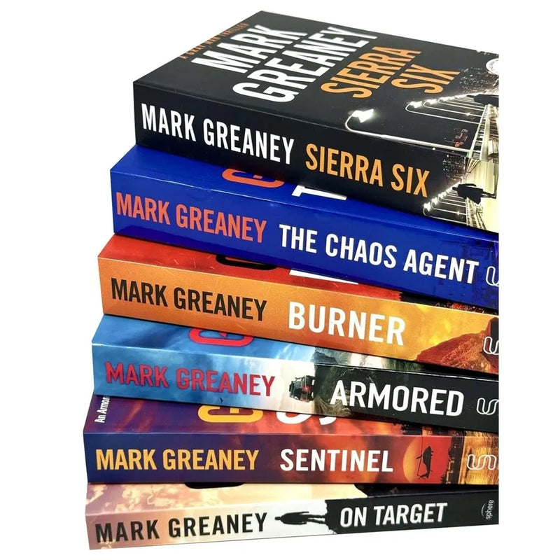 Six paperback books from the Gray Man series by Mark Greaney, featuring fiction novels in a Sphere collection set.