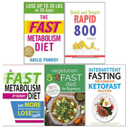 Set of five paperback books on metabolism and vegetarian diets by Haylie Pomroy, featuring tips for beginners and 5:2 fasting.