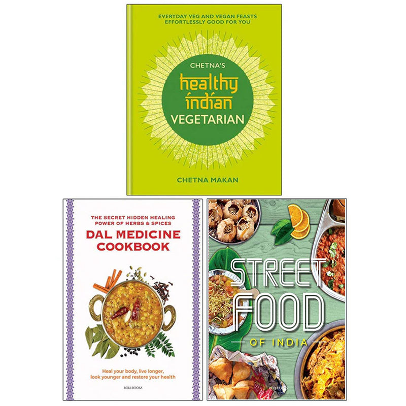 Set of three Indian vegetarian and street food cookbooks by Chetna Makan, featuring diverse recipes and vibrant food photography