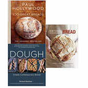 Set of three hardback bread baking books by Paul Hollywood, Emmanuel Hadjiandreou, and Richard Bertinet, featuring professional baking techniques.