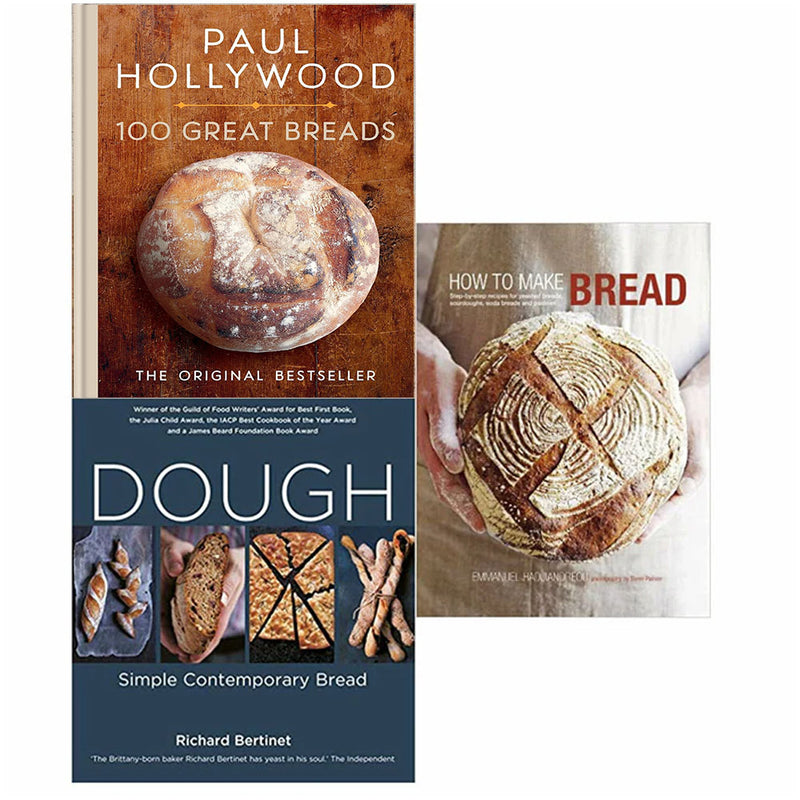 Set of three hardback bread baking books by Paul Hollywood, Emmanuel Hadjiandreou, and Richard Bertinet, featuring professional baking techniques.